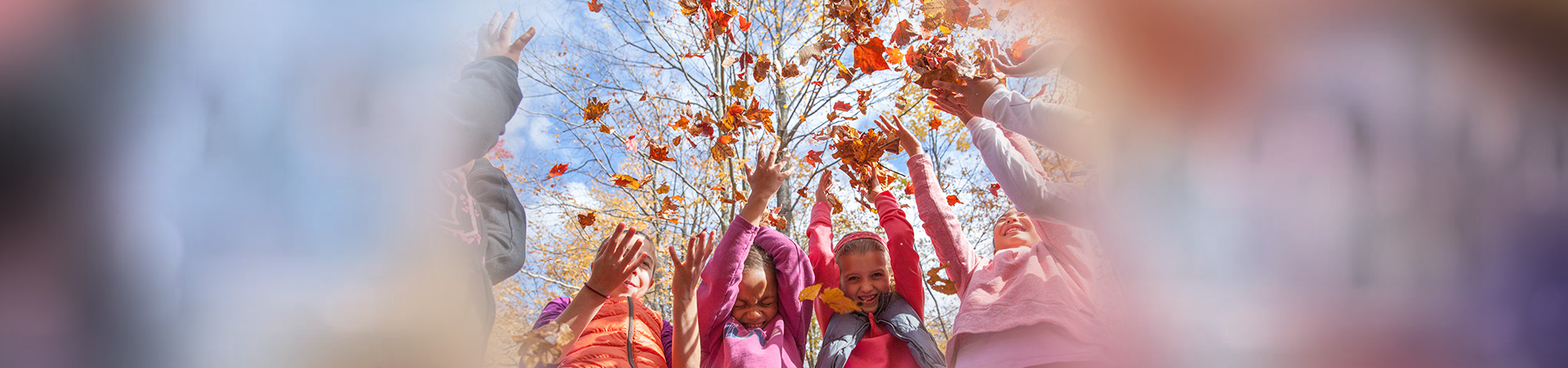  group of Girl Scouts playing in autumn leaves 