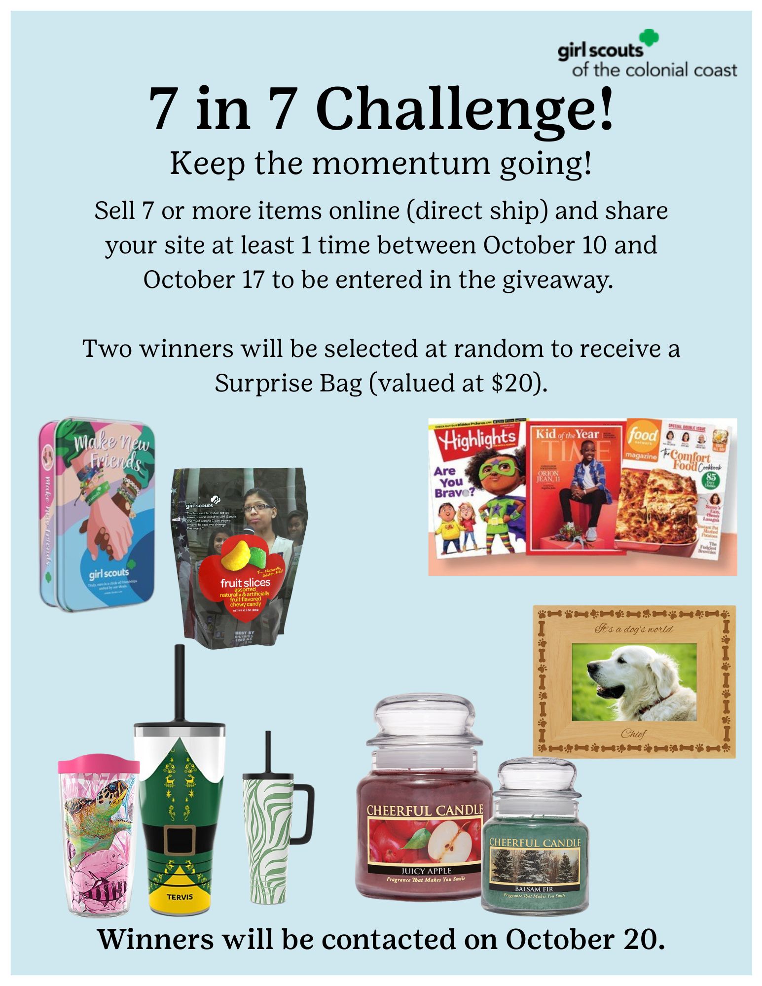 Sell seven or more items online (direct ship) and share your site at least one time between October 10 and 17 to be entered in a giveaway. Two winners will be selected at random to receive a Surprise bag!
