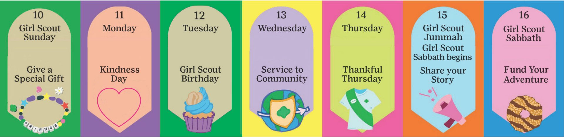 Dates and themes for Girl Scout Week 2024 including Girl Scout Sunday, Girl Scout Birthday, and more