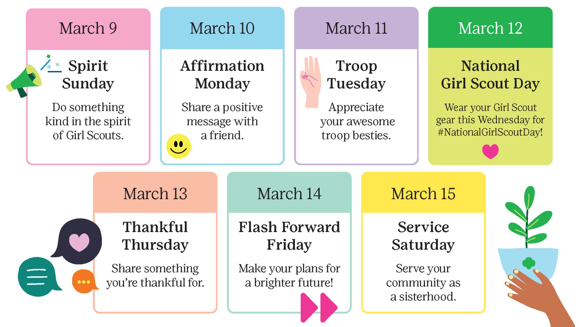 Dates and themes for Girl Scout Week 2024 including Girl Scout Sunday, Girl Scout Birthday, and more