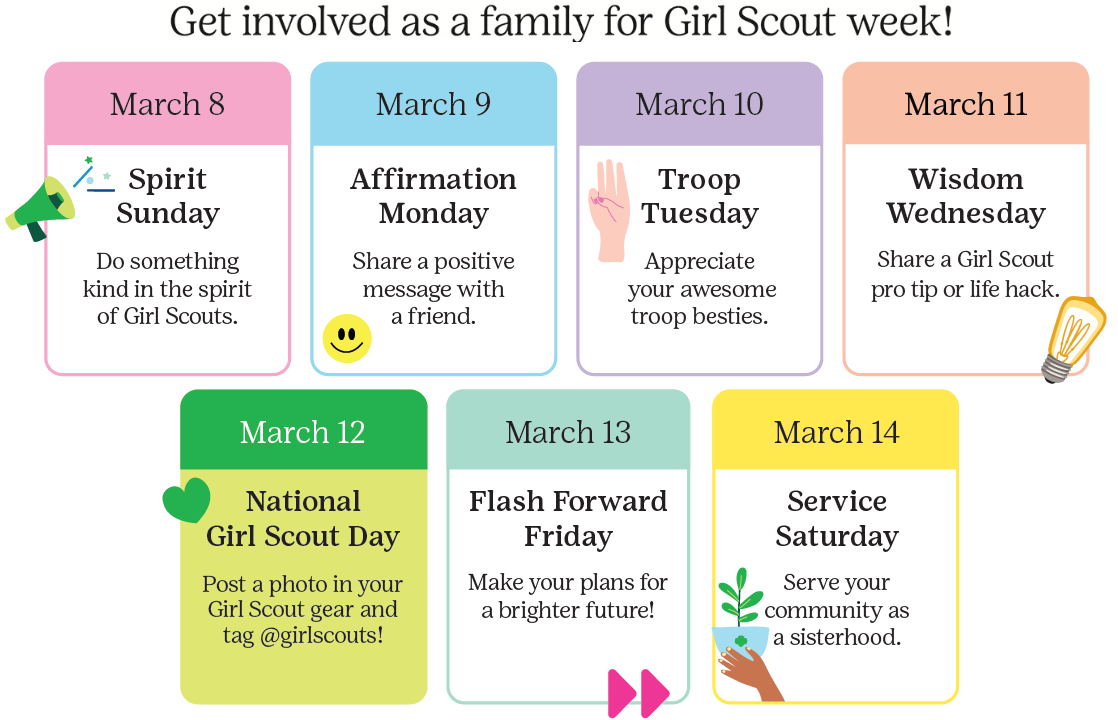Girl Scout Week Calendar with Themed Days and Activities
