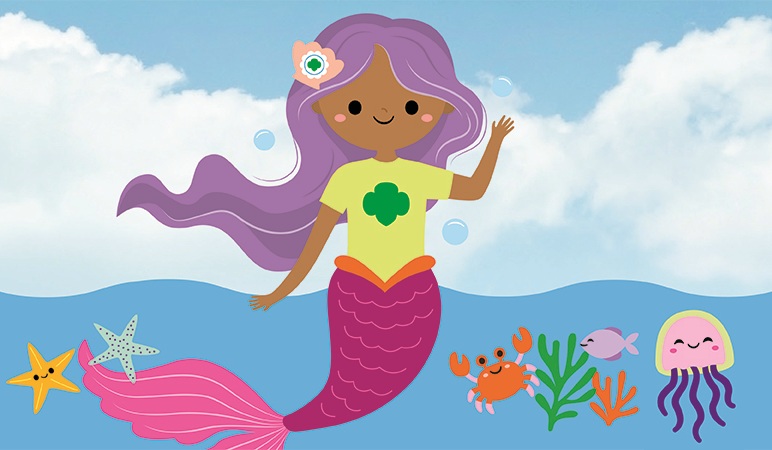 Girl Scout Mermaid and sea creatures illustration