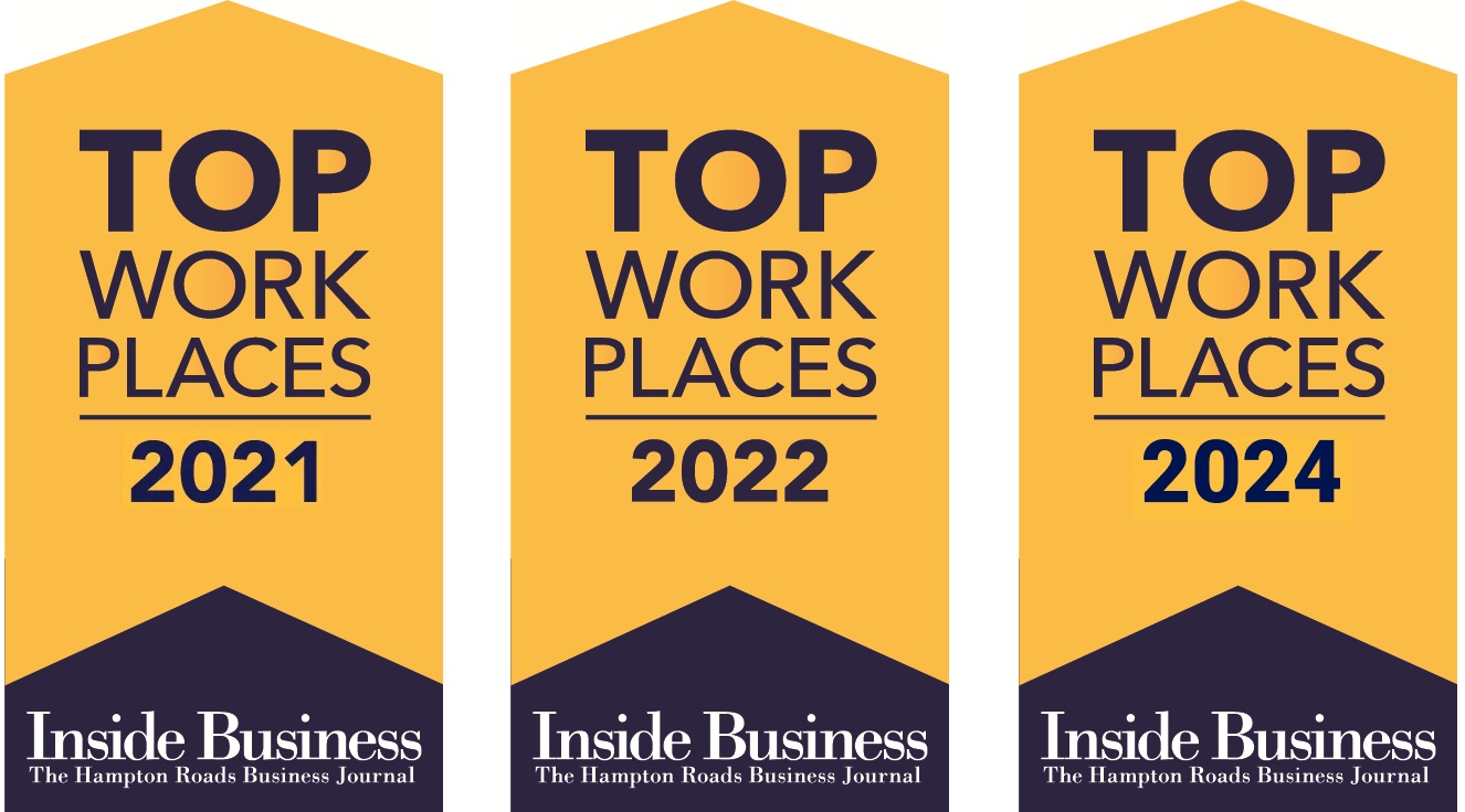 2021, 2022, and 2024 Top Workplace in Hampton Roads Award from Inside Business