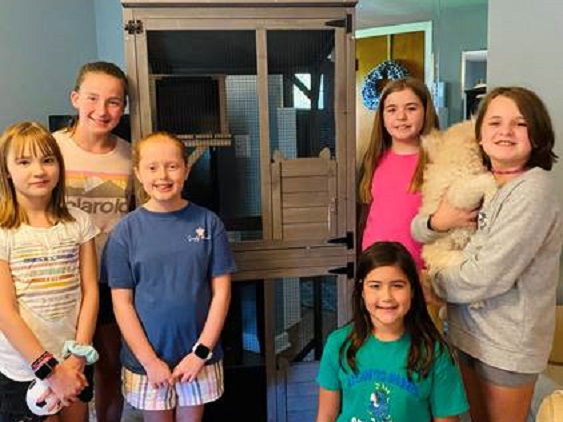 Girl Scouts standing proudly with their assembled enclosure