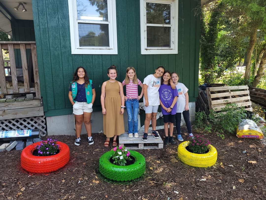 Girl Scout Juniors of Troop 1041 used recycled materials to create a garden bed and picnic area for guests to enjoy while visiting Bluebird Gap Farm in Hampton. 