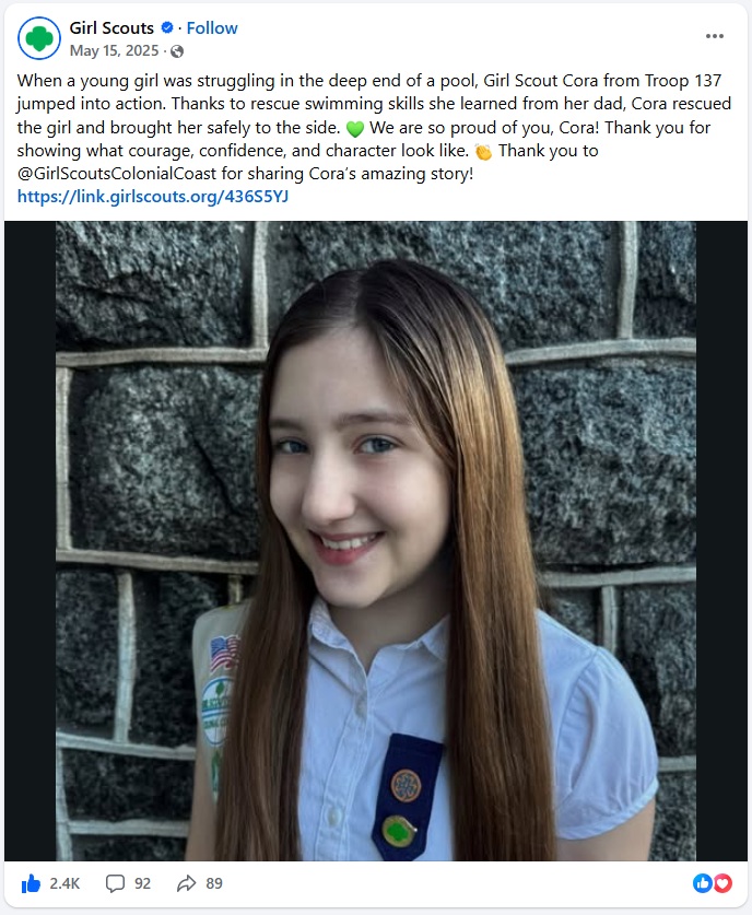 Girl Scout Earns the Medal of Honor - GSUSA Facebook post