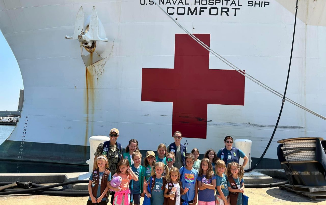 Girl Scouts toured the USS Comfort where they explored medical spaces and spent time with sailors assembling first-aid kits