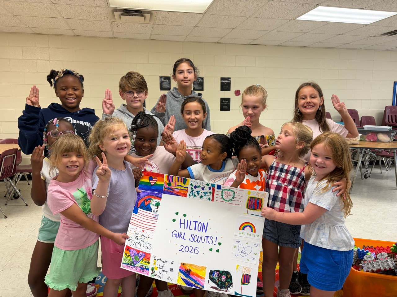 Girl Scouts having fun during Girl Scout Superhero Week at Hilton Elementary. 