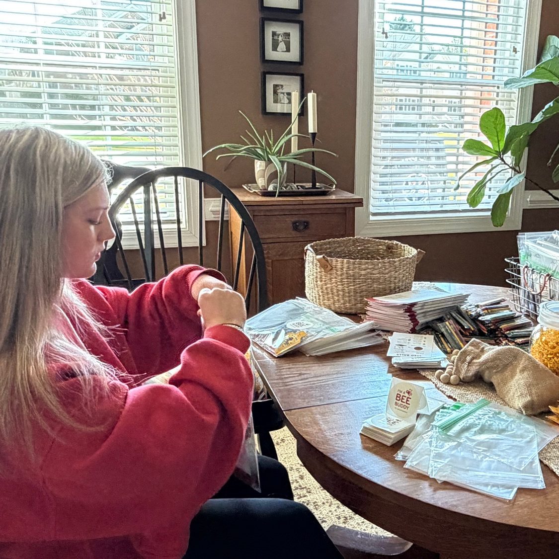 Girl Scout Madison put together 120 take-home bee information bags for students