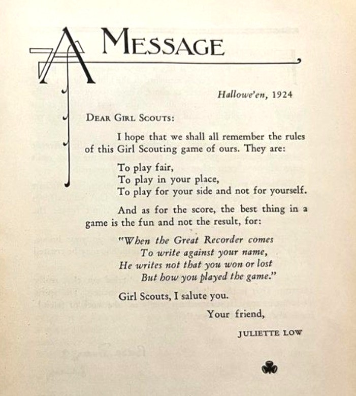 A special Halloween message from Juliette, originally penned in 1924, as it appeared in the 1933 edition of the Girl Scout Handbook.