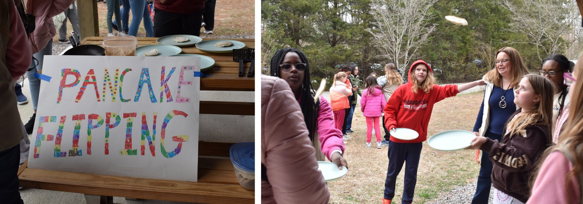 Girl Scouts playing a traditional game of pancake flipping during a special event at Camp Skimino