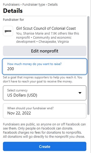 Facebook Fundraiser screenshot instructions