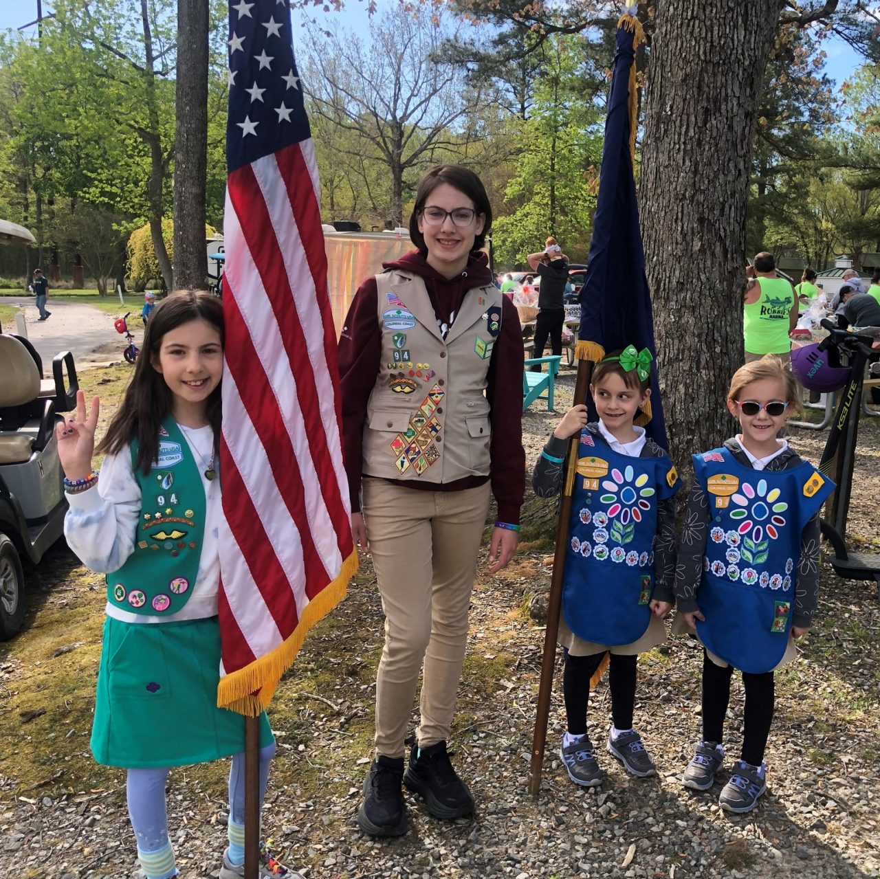 Troop 94, part of a homeschool co-op, performed a flag ceremony at an outdoor event