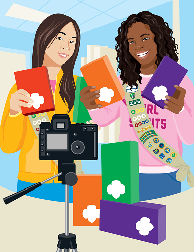 colorful illustration of Girl Scouts filming a video with cookie boxes