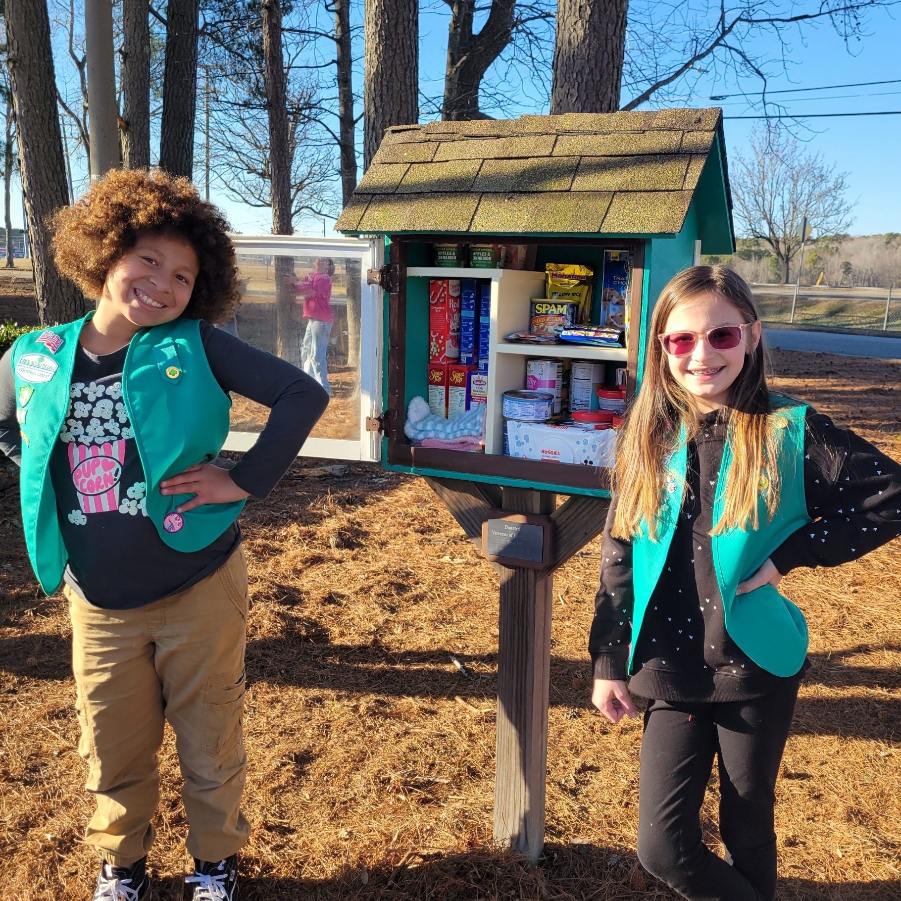 Girl Scout Juniors in vest uniforms with bronze award project