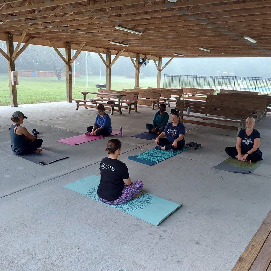 yoga under the pavilion at Camp Darden